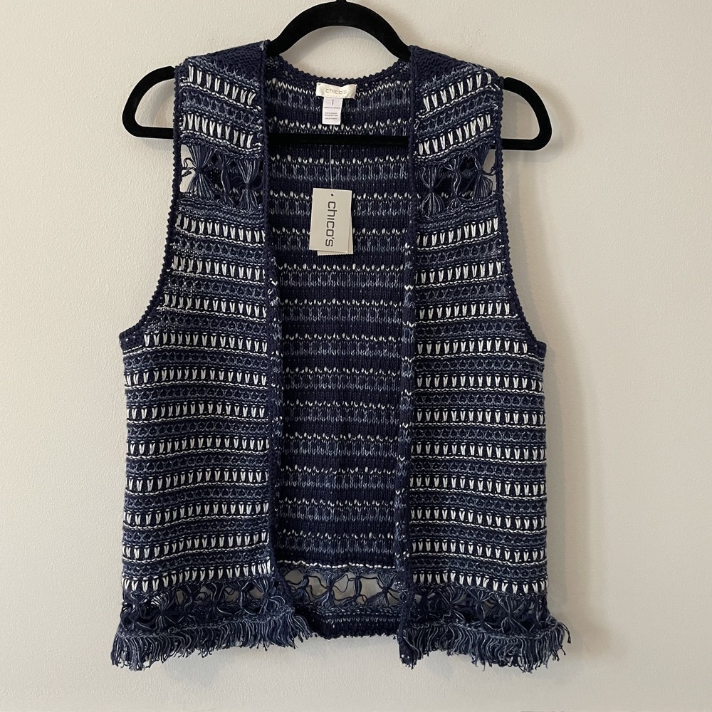 NEW Chicos Vicki Open Front Blue Stripe Vest M Crochet Knit Fringe Boho Western‎